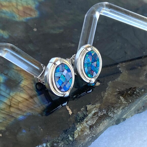 Sterling Silver 925 Michelle Albala Mosaic Blue Opal Inlay Oval Stud Earrings - Picture 13 of 16